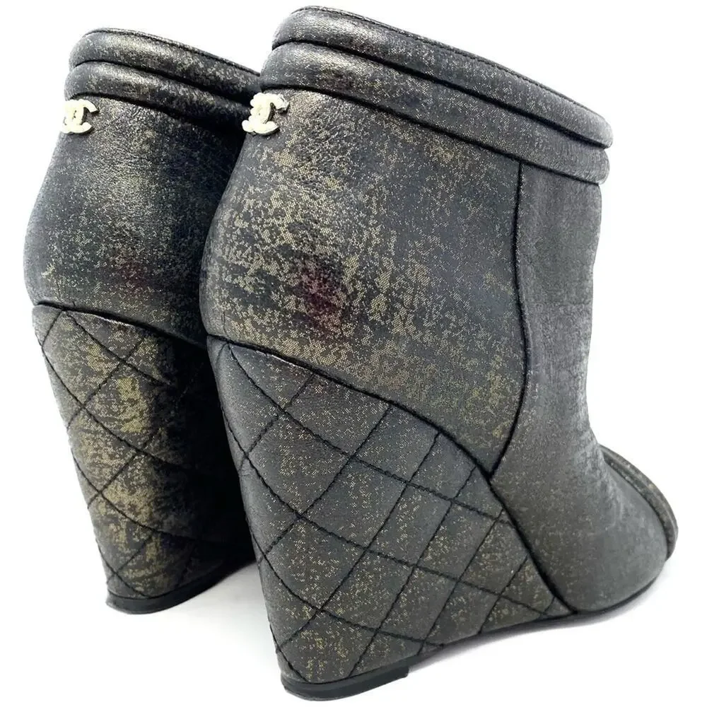 Chanel CC Logo Gold Black Leather Peep Toe Wedge Booties Size 38.5 w box